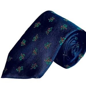 LANDS END Silk Christmas Tie Candy Canes with Green Ribbons on Navy 59”L x 3.5”W